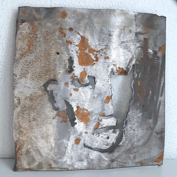 Unique Carved Metal Face Rustic Wall Art Handmade 9"x9", Brutalist Style Artisan - Picture 1 of 7